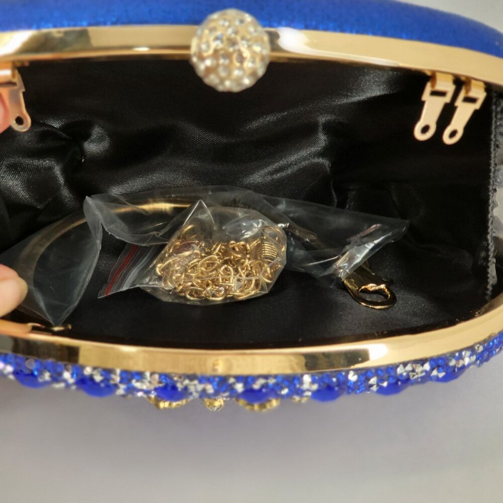 Blue Crystal Embellished Evening Clutch Bag Gold Handle & Chain Strap By RAMLA! - Picture 11 of 11